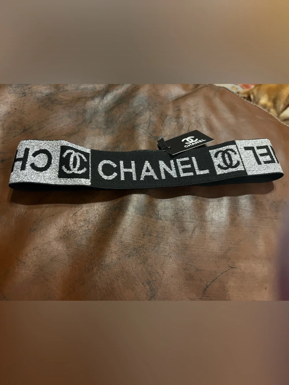 🖤 Double C Designer Black Metallic Silver Spell Out Stretch Headband
